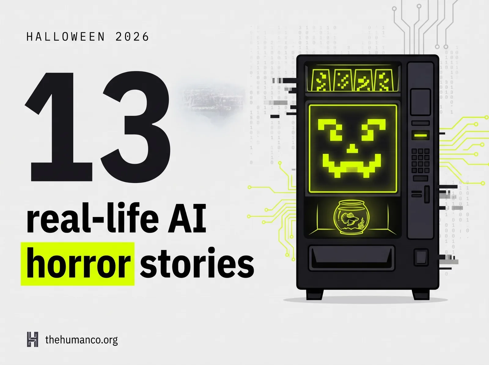 Halloween 2026: 13 real-life AI horror stories, beside a black vending machine with a glowing jack-o'-lantern face on its screen and a betta fish in a bowl in the tray