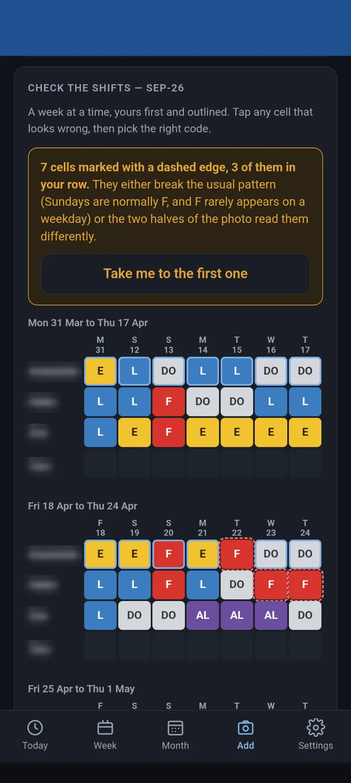 The rota app's check screen, showing a week of shifts as coloured cells with several flagged by a dashed outline for review
