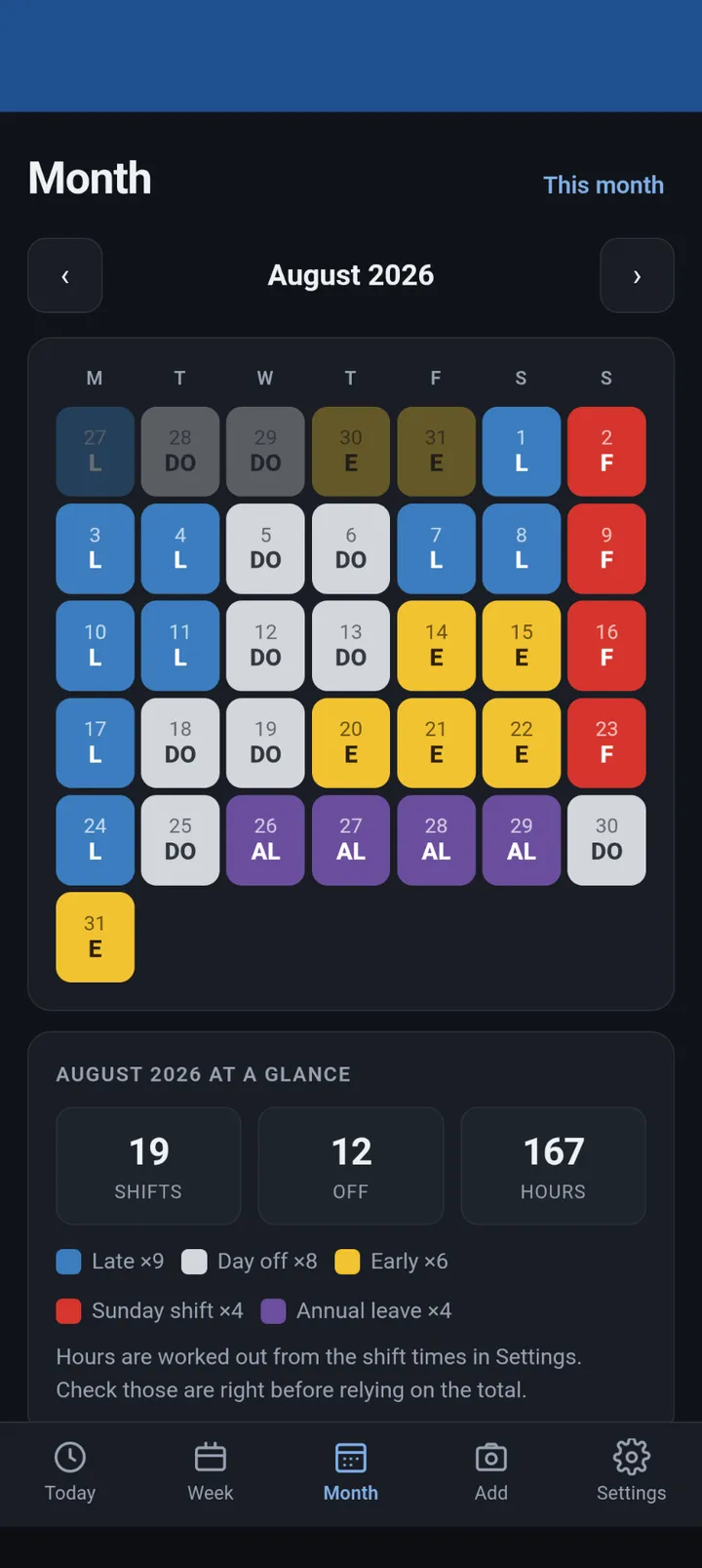 The rota app's month view for August 2026, showing colour coded shifts with totals of 19 shifts, 12 days off and 167 hours