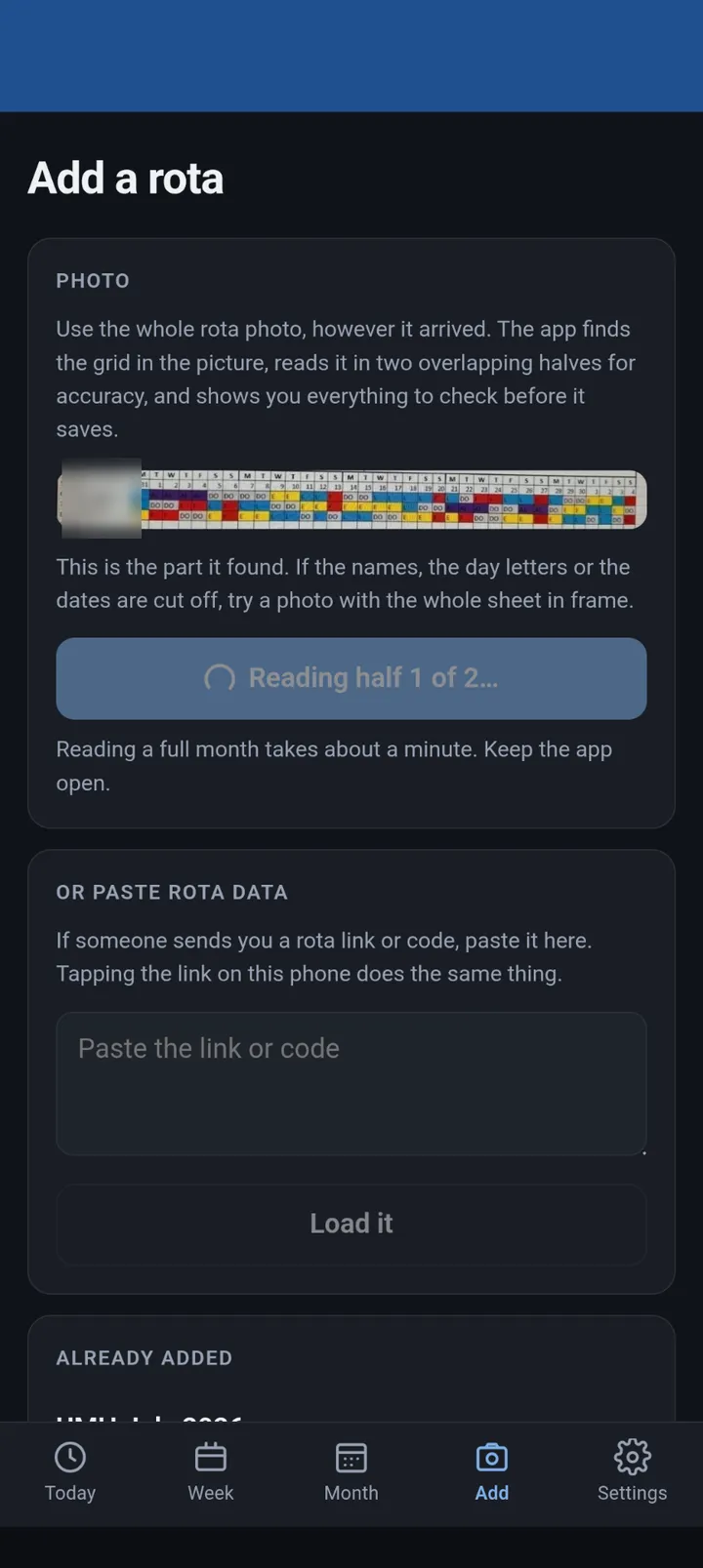 The rota app reading a photo of a work rota, showing the grid it detected and a Reading half 1 of 2 progress button