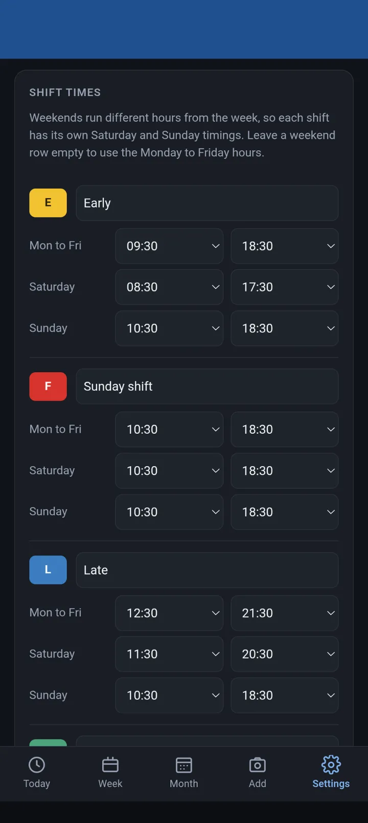 The rota app's settings screen, showing start and end times for each shift code with separate Saturday and Sunday rows