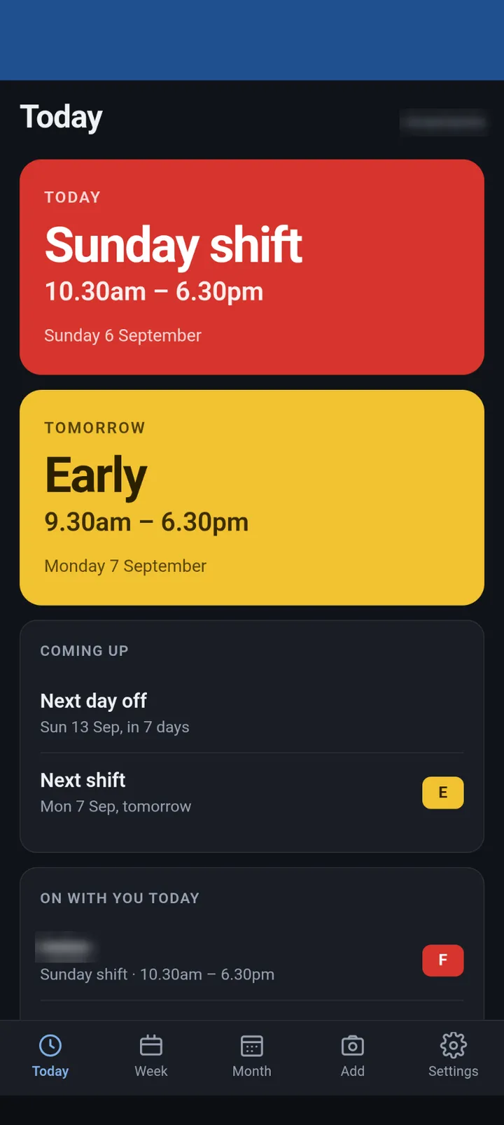The rota app's Today screen, showing a Sunday shift from 10.30am to 6.30pm and an early shift tomorrow